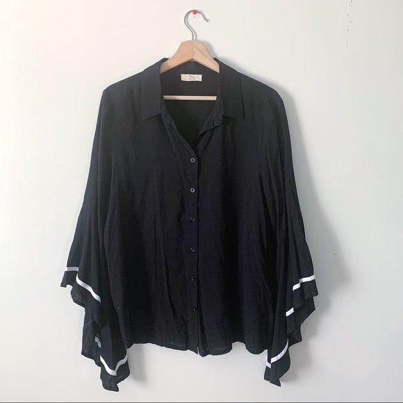 Hummingbird Tops - Hummingbird | Striped Bell Sleeve Button Front L